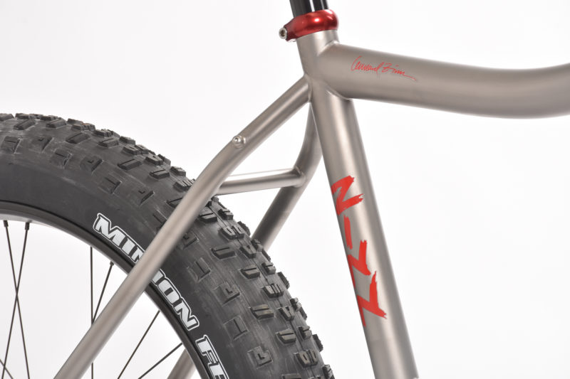 Close up of Zinn Cycles’ Custom Fat Bike frame and tire