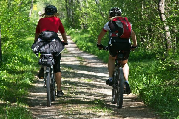 Two people riding hybrid mountain bikes on a level trail in the woods