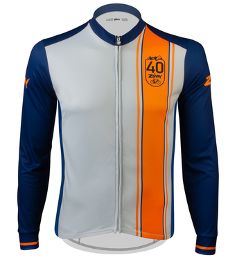 Zinn Cycles long sleeve cyclist jersey with the Zinn Cycle logo, blue sleeves, and orange detailing